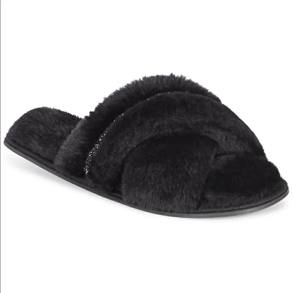 INC Womens Faux-Fur Crossband Slippers Black NWT